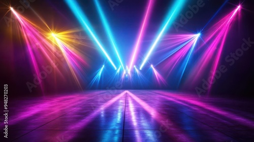 Concert stage with intersecting light beams, vibrant colors, electric atmosphere, high energy