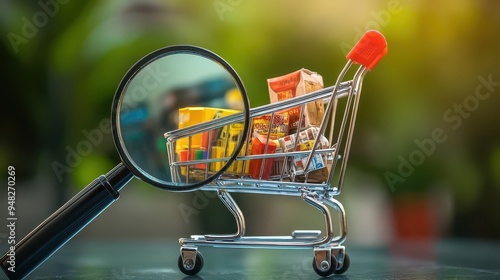 Buy A magnifying glass focusing on a shopping cart filled with a variety of commodities, symbolizing strategic purchasing decisions