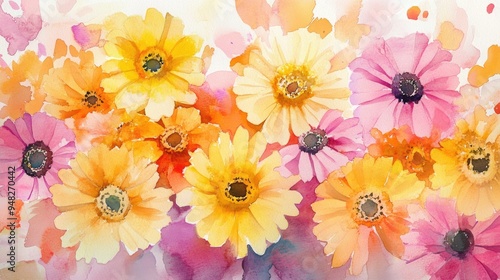 Watercolor illustration of a variety of yellow and pink flowers