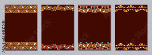 Set of flyers, posters, banners, placards, brochure design templates A6 size with ethnic tribal ornaments. Yellow, brown, beige, orange colors. Card or flyer vector templates. Vector illustration.