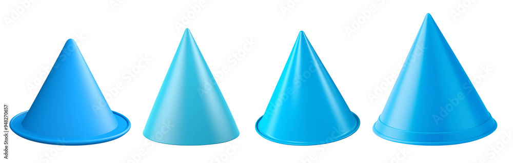 Four blue traffic cones in varying heights, perfect for signaling or organizing spaces in a clear and visually appealing way. Four blue traffic cones in varying heights, perfect for signaling or organizing spaces in a clear and visually appealing way.