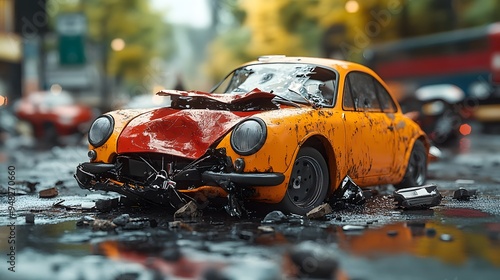 Insurance agent handling a car accident claim in a 3D animated scene, showcasing a realistic cartoon-style car crash model with attention to detail. photo