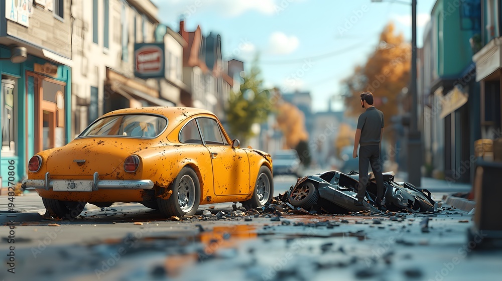 Fototapeta premium 3D animated depiction of an insurance agent at a car accident scene, handling a claim with a cartoon-style yet realistic crash model.