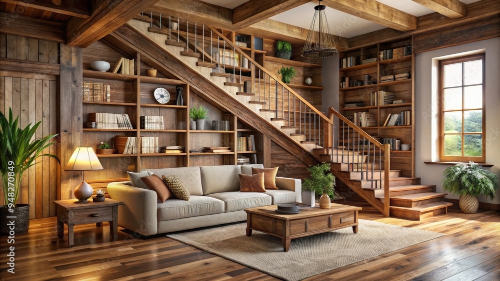 Cozy living room with a rustic wooden staircase and a built-in bookcase Cozy living room with a rustic wooden staircase and a built-in bookcase