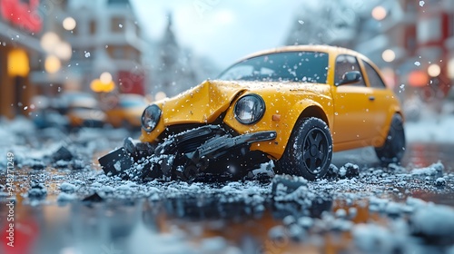 Detailed 3D animation of an insurance agent handling a car accident claim, featuring a cartoon-style crash model with realistic aspects. photo