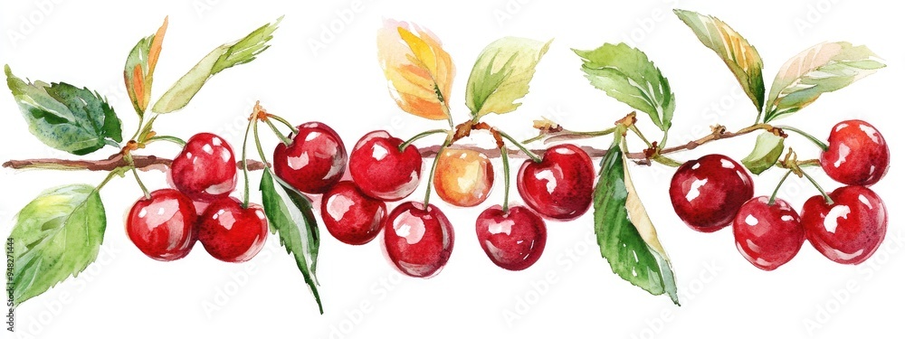 Watercolor illustration of hand drawn cherries on a white background Watercolor illustration of hand drawn cherries on a white background