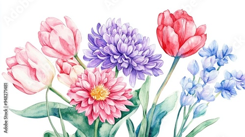 Watercolor illustration of a spring flower arrangement featuring lilac chrysanthemums and pink tulips on a white background complemented by a white leaf amidst vibrant colors Ideal for greeting ca