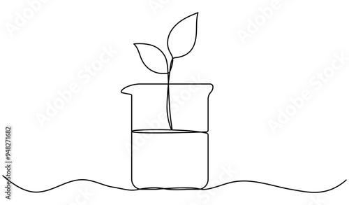 Continuous line drawing chemical glass tube with leaves. Plant sprout inside chemical flask. Science bio experiment. Vector illustration isolated on white.