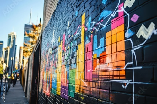 A trendy, upandcoming neighborhood with street art, depicting high growth potential with a dynamic financial graph in the graffiti photo