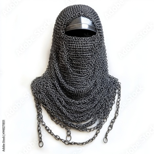 A chainmail coif with loose links, medieval armor, soft steel tones, isolated on white background