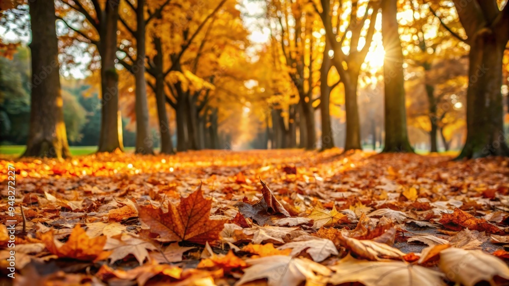 Autumn landscape with brown leaves covering the ground in a park Autumn landscape with brown leaves covering the ground in a park