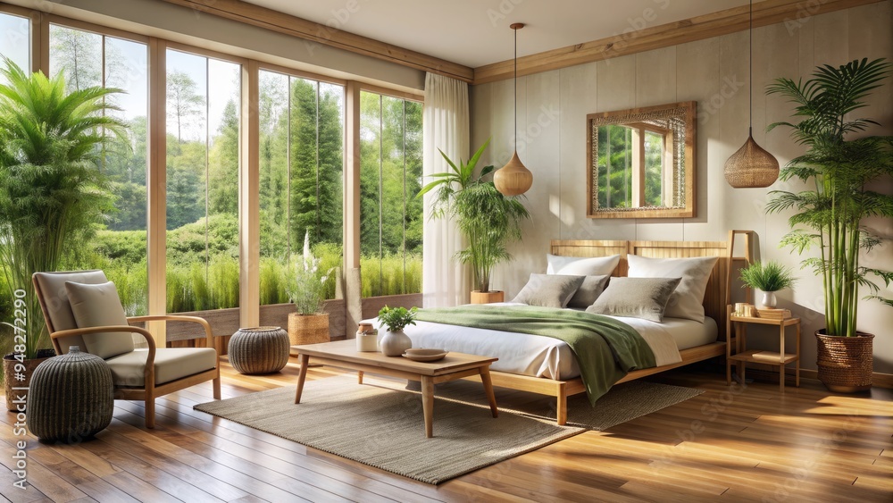 Tranquil bedroom oasis featues sustainable bamboo furniture, organic linens, and abundance of natural light, evoking feelings of calmness, serenity, and eco-friendly harmony in a peaceful atmosphere. Tranquil bedroom oasis featues sustainable bamboo furniture, organic linens, and abundance of natural light, evoking feelings of calmness, serenity, and eco-friendly harmony in a peaceful atmosphere.