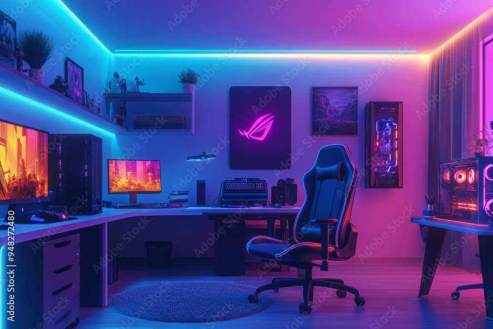 Interior of gaming room with modern computer and neon lighting. Playing cyber games and online entertainment concept.