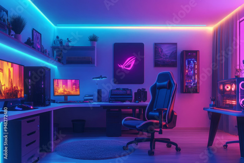 Obraz na płótnie Interior of gaming room with modern computer and neon lighting. Playing cyber games and online entertainment concept. w salonie