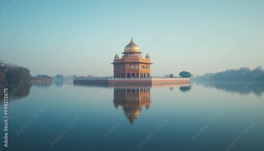 Fototapeta premium Serene Golden Sikh Gurdwara Reflection: Spiritual Sanctuary Mirrored in Calm Waters Under Clear Sky. Minimalist Composition Showcasing Religious Architecture, Cultural Heritage, and Tranquil Nature fo