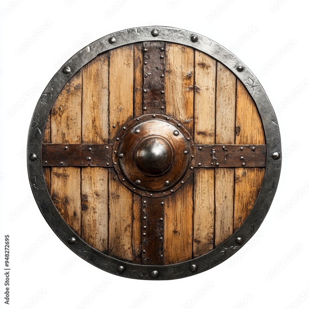 A Viking shield with battle scars, warrior's armor, soft wood and metal tones, isolated on white background A Viking shield with battle scars, warrior's armor, soft wood and metal tones, isolated on white background