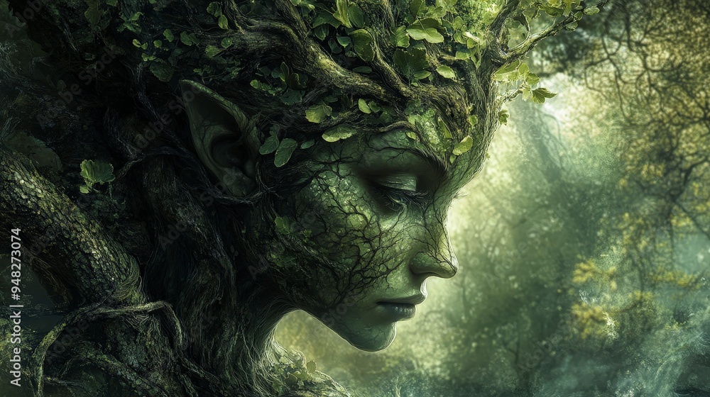 Fototapeta premium Enchanting Dryads: Ethereal Tree Spirits in Serene Naturebound Depiction