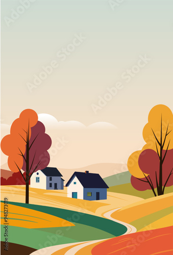 autumn rural landscape. a vertical drawing of nature, several rustic houses among hills and trees. minimalistic style. a bright vector illustration on an autumn theme
