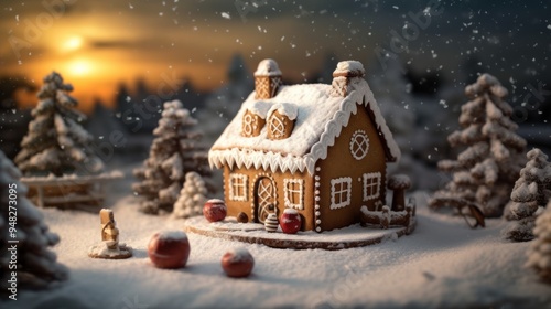 A Christmas Scene showing a quaint and small gingerbread house, illuminated by soft moonlight and placed against a backdrop of frosty hills, evoking the coziness of Christmas eve. photo