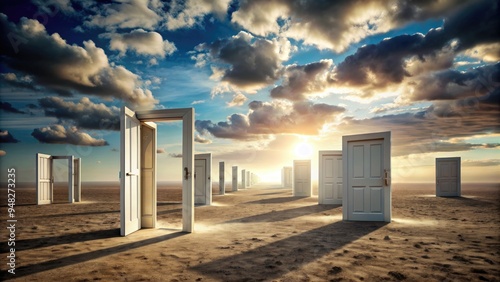 Vast, desolate landscape dotted with open rectangular doors, each portal beckoning to untrodden paths, symbolizing liberation, opportunity, and the pursuit of endless possibilities. photo