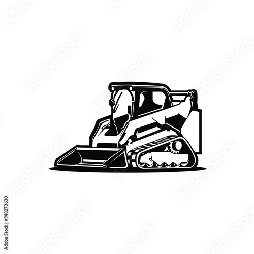 Skid Track Loader Monochrome Vector Art Illustration. Bulldozer Vector Illustration. Best for Agricultural Related Industry