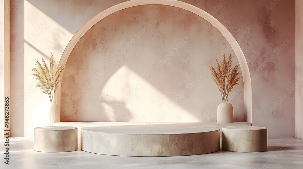 A product display with arches and natural elements, reflecting a minimalist aesthetic. A product display with arches and natural elements, reflecting a minimalist aesthetic.