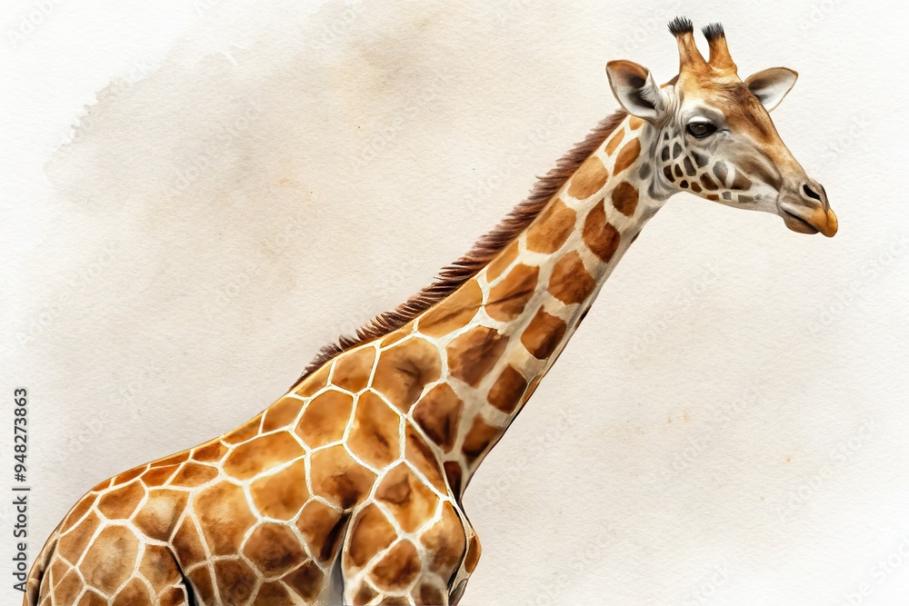 Obraz premium Creative illustration of a giraffe's long neck on white paper, appearing as a mockup of a large-scale, towering painting with subtle texture and shading.