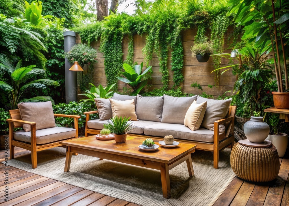 Inviting outdoor seating area with a wooden sofa, chairs, and coffee table surrounded by lush greenery and adorned with throw pillows and potted plants. Inviting outdoor seating area with a wooden sofa, chairs, and coffee table surrounded by lush greenery and adorned with throw pillows and potted plants.