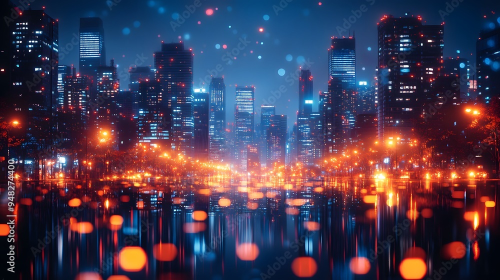 Obraz premium A technologically advanced urban landscape at night, featuring illuminated skyscrapers and street lights, reflecting a modern, high-tech cityscape.