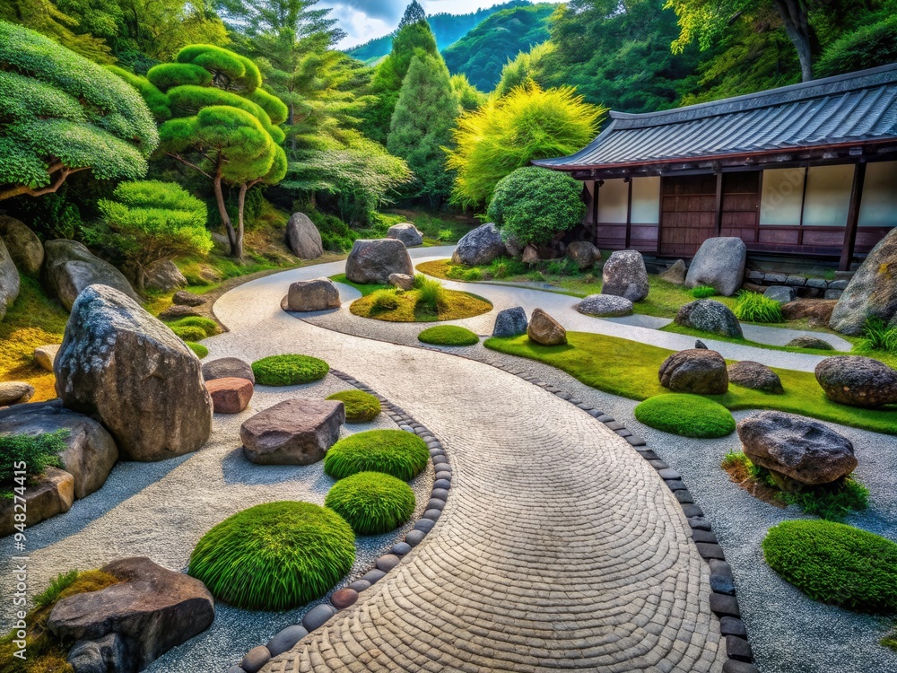 Obraz premium Serenely composed Zen garden featuring meticulously arranged rocks, a winding path, and vibrant greenery, creating a tranquil atmosphere for introspection and rejuvenation.