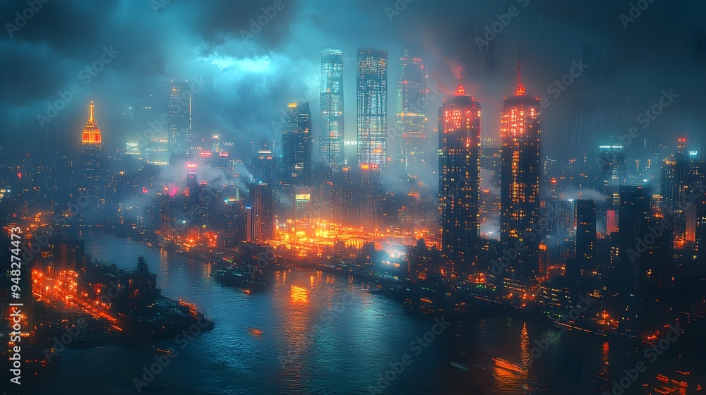 Nighttime city skyline with towering, illuminated skyscrapers and glowing street lights, set against a backdrop of technological innovation. Nighttime city skyline with towering, illuminated skyscrapers and glowing street lights, set against a backdrop of technological innovation.