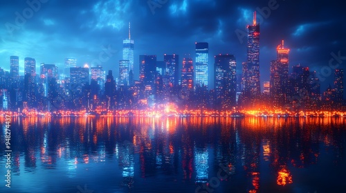 A technologically advanced urban landscape at night, featuring illuminated skyscrapers and street lights, reflecting a modern, high-tech cityscape. photo