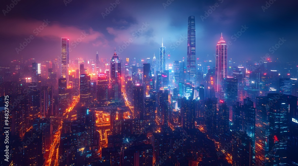Illuminated skyscrapers and street lights in a high-tech city at night, creating a glowing, futuristic urban landscape. Illuminated skyscrapers and street lights in a high-tech city at night, creating a glowing, futuristic urban landscape.
