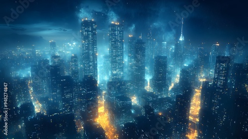 A futuristic urban scene at night  showcasing illuminated skyscrapers and street lights  set against a backdrop of cutting-edge technology.