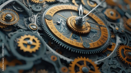 A giant, intricate clock made of gears labeled with financial terms like dividends, growth, and compounding