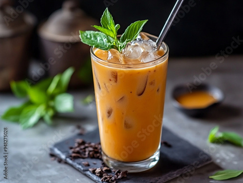  Thai tea with cream and mint garnish.