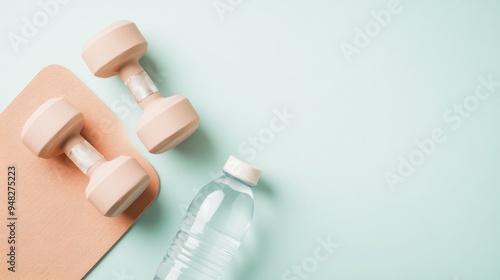 Brightly lit space featuring dumbbells, a yoga mat, and a water bottle, creating a serene atmosphere for home workouts surrounded by lush greenery