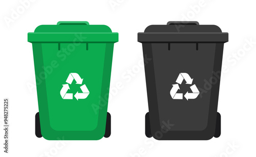 Plastic green and black trash cans illustration. Isolated on a white background. Vector illustration in flat style.	