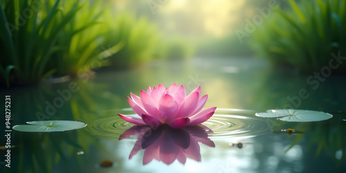 A beautiful lotus flower gracefully floating on the water's surface, surrounded by green lily pads, creating a serene and tranquil atmosphere.