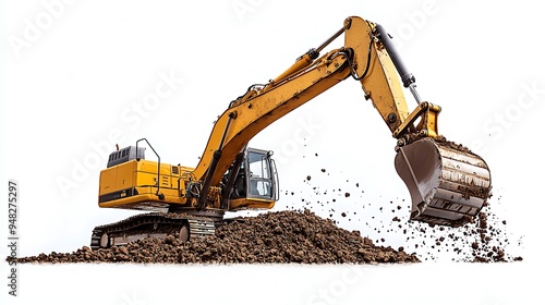 An excavator operates on a white background, highlighting its role in heavy construction.