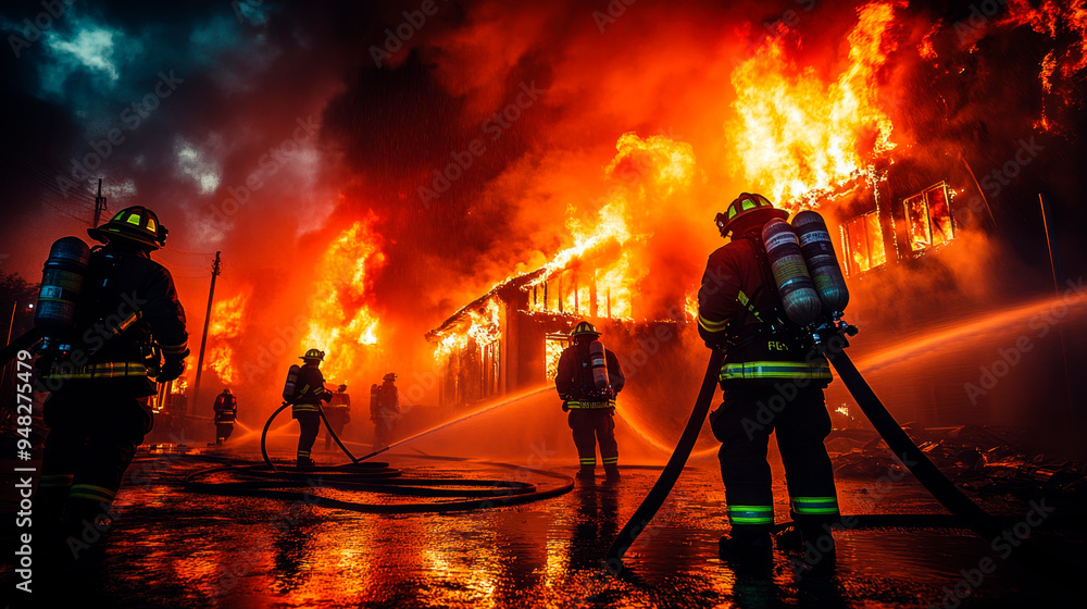 Fototapeta premium Old building in full flaming inferno, and a firefighter fighting the flames