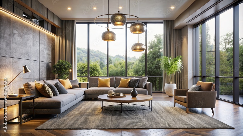 Fototapeta premium Sleek modern living room with minimalist decor, large windows, and a statement light fixture, showcasing contemporary design ideas and a blend of functionality and style.
