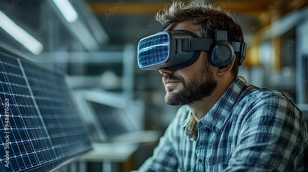 An engineer seated at a desk in a modern office, wearing a virtual reality simulator and working on a solar panel project, deeply focused.