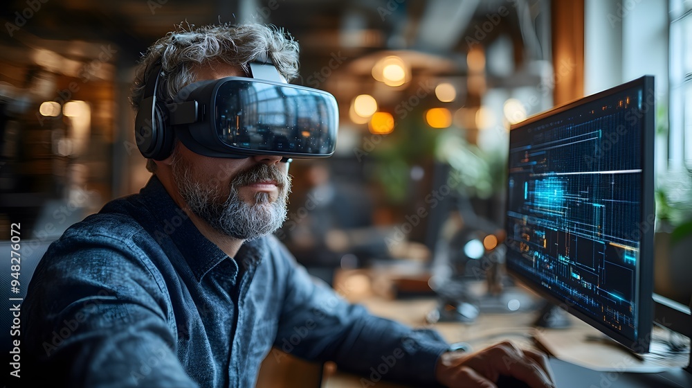 An engineer seated at a desk in a modern office, wearing a virtual reality simulator and working on a solar panel project, deeply focused. An engineer seated at a desk in a modern office, wearing a virtual reality simulator and working on a solar panel project, deeply focused.