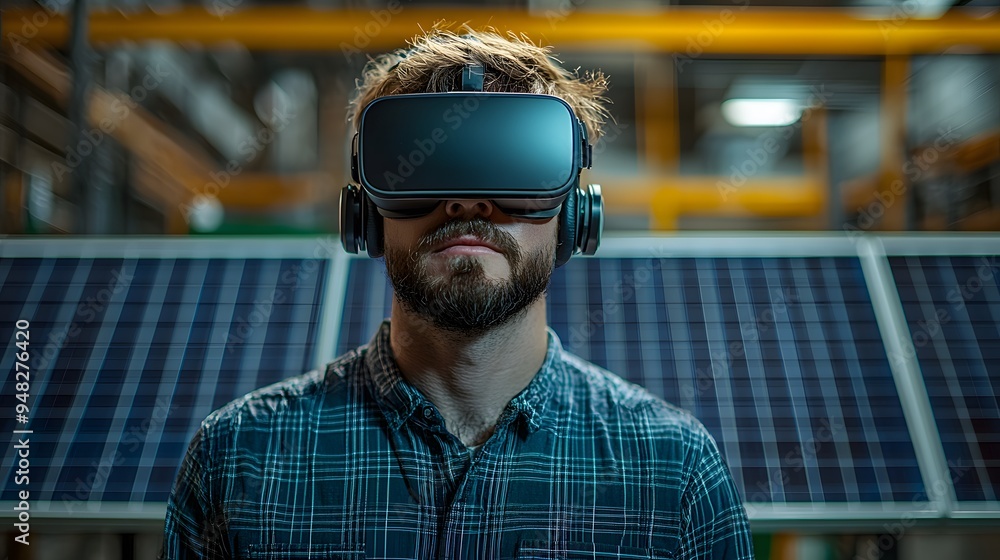 Office environment with an engineer wearing a virtual reality headset, developing solar panel projects at a desk with advanced tools. Office environment with an engineer wearing a virtual reality headset, developing solar panel projects at a desk with advanced tools.