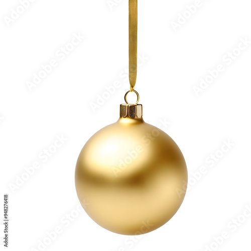 Golden Christmas ball isolated on transparent background. Shiny glass ornament for holiday decoration and winter celebrations.