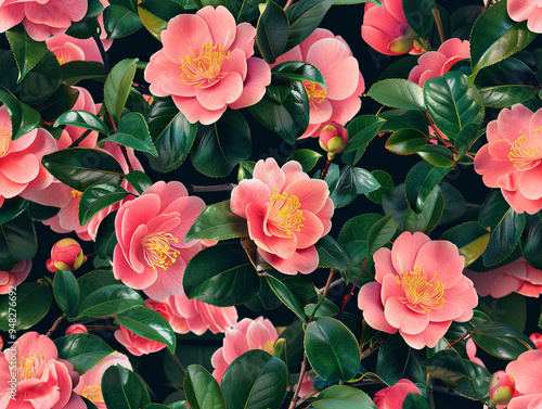 Seamless pink camellia roses illustration pattern on black background. Wedding wallpaper design. Generative ai