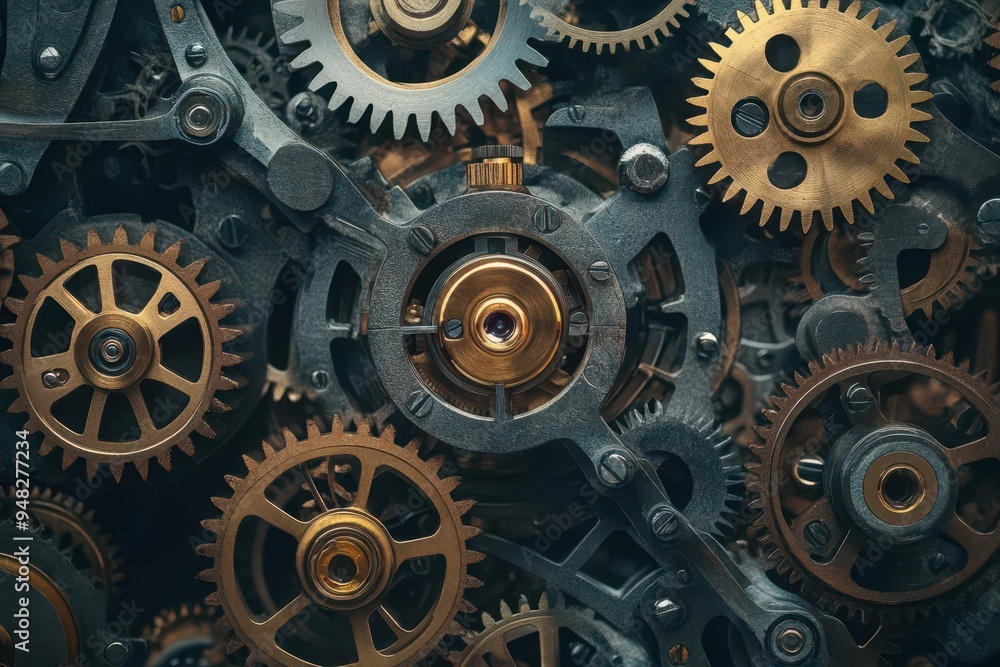 A clockwork mechanism representing the economy, with gears of interest rates, stocks, and investments turning in perfect harmony or discord A clockwork mechanism representing the economy, with gears of interest rates, stocks, and investments turning in perfect harmony or discord
