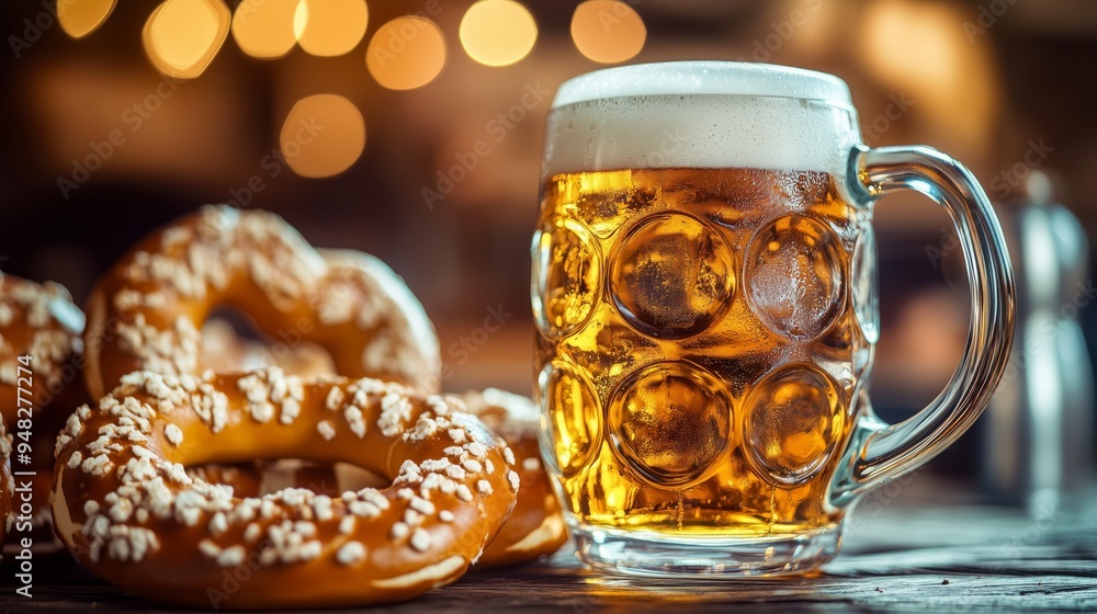 Jarras de cerveza y pretzel en Oktoberfest Jarras de cerveza y pretzel en Oktoberfest