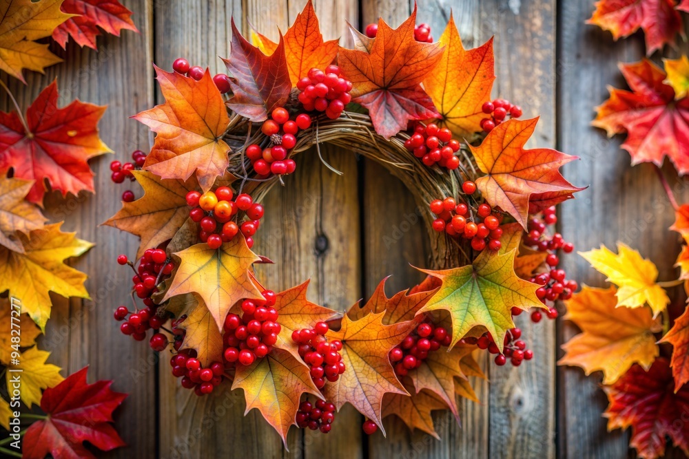 Obraz premium Vibrant Autumn Wreath with Red Berries and Maple Leaves on Rustic Wood